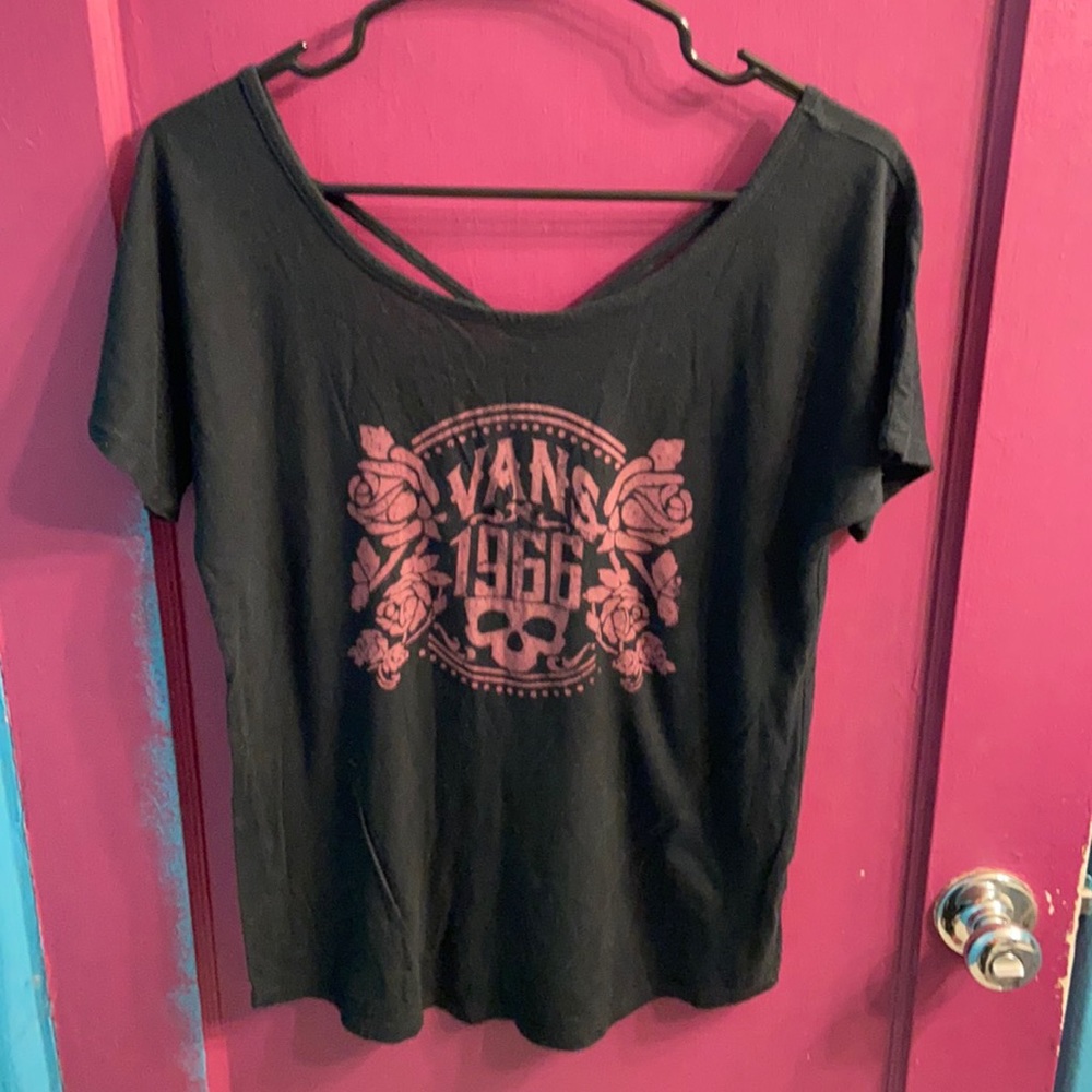 Vans black strappy logo shirt with pink letters, M